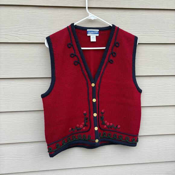 Vintage Pendleton Red Wool Embroidered Vest Button Front Womens L - Picture 1 of 3